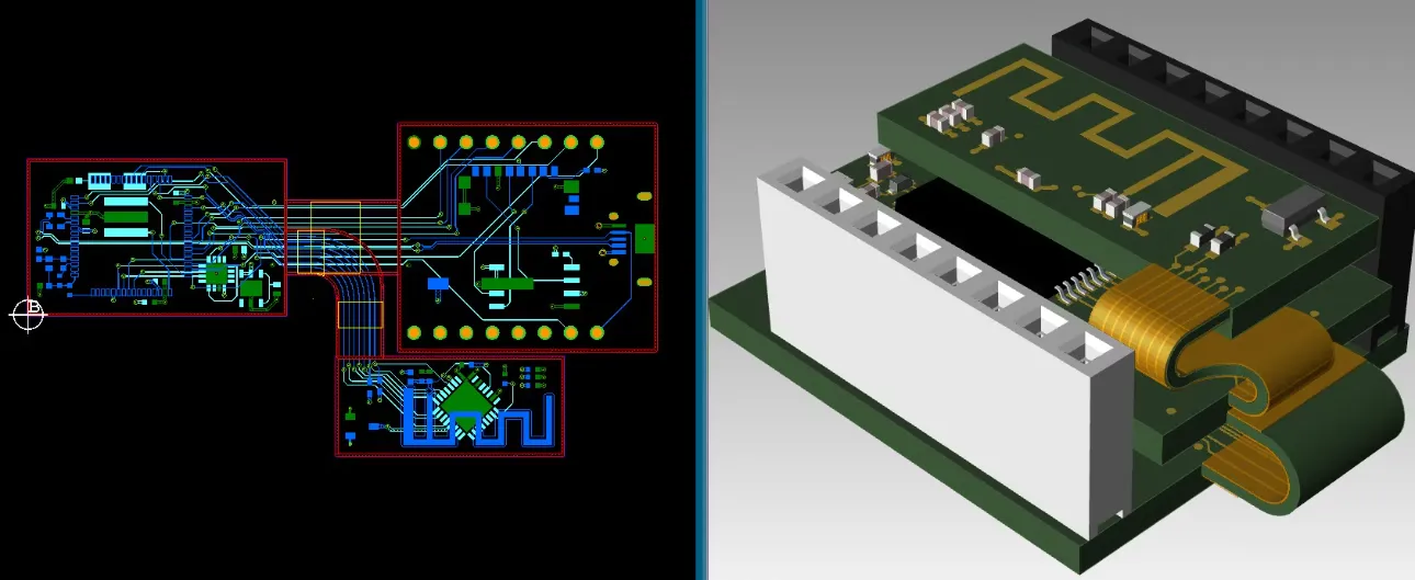 PCB design software displaying a rigid flex PCB layout.