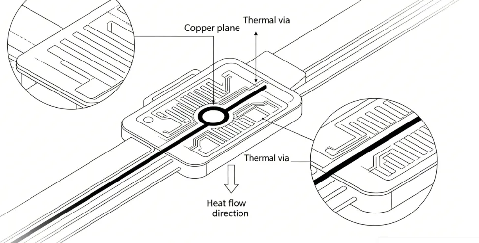 Diagram illustrating conduction paths through copper planes and thermal vias in a compact wearable circuit