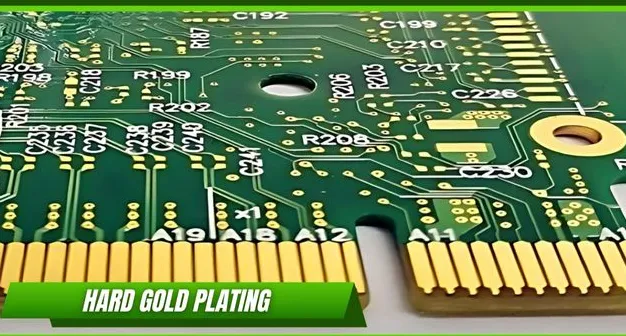 Cross-section of PCB gold finger with hard gold plating over nickel