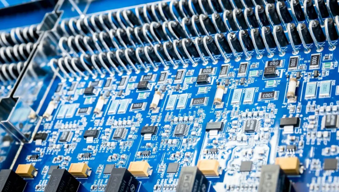 Close-up of densely populated SMT PCB for aerospace application