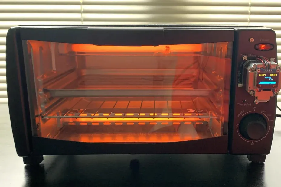 Thermocouple setup inside toaster oven for temperature monitoring