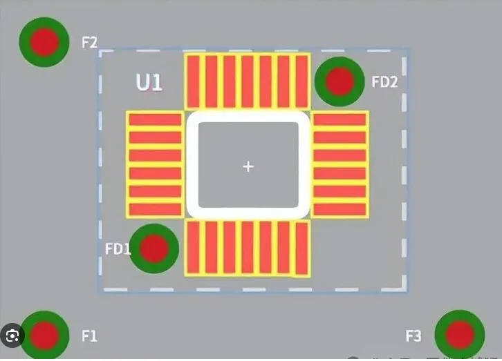 Diagram showing circular fiducial marks positioned at panel corners and board edges