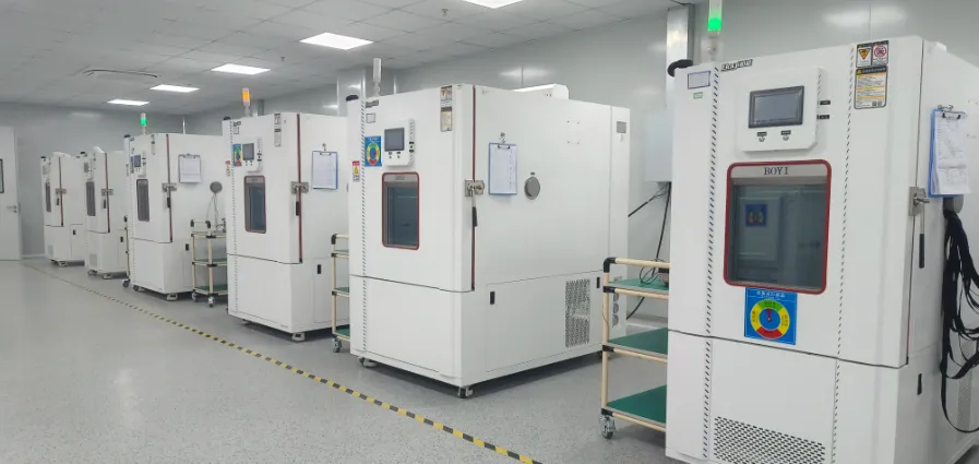 PCB inside a high humidity environmental chamber for moisture sensitivity testing