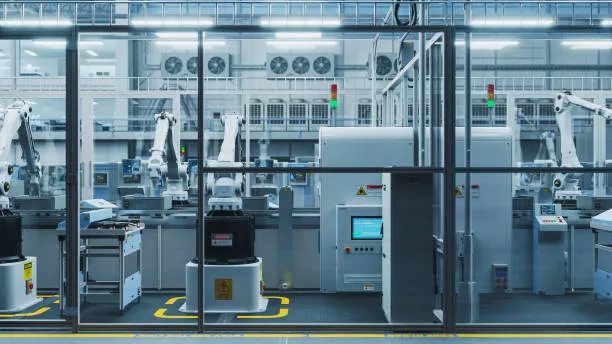 Futuristic cleanroom with automated PCB cleaning technology