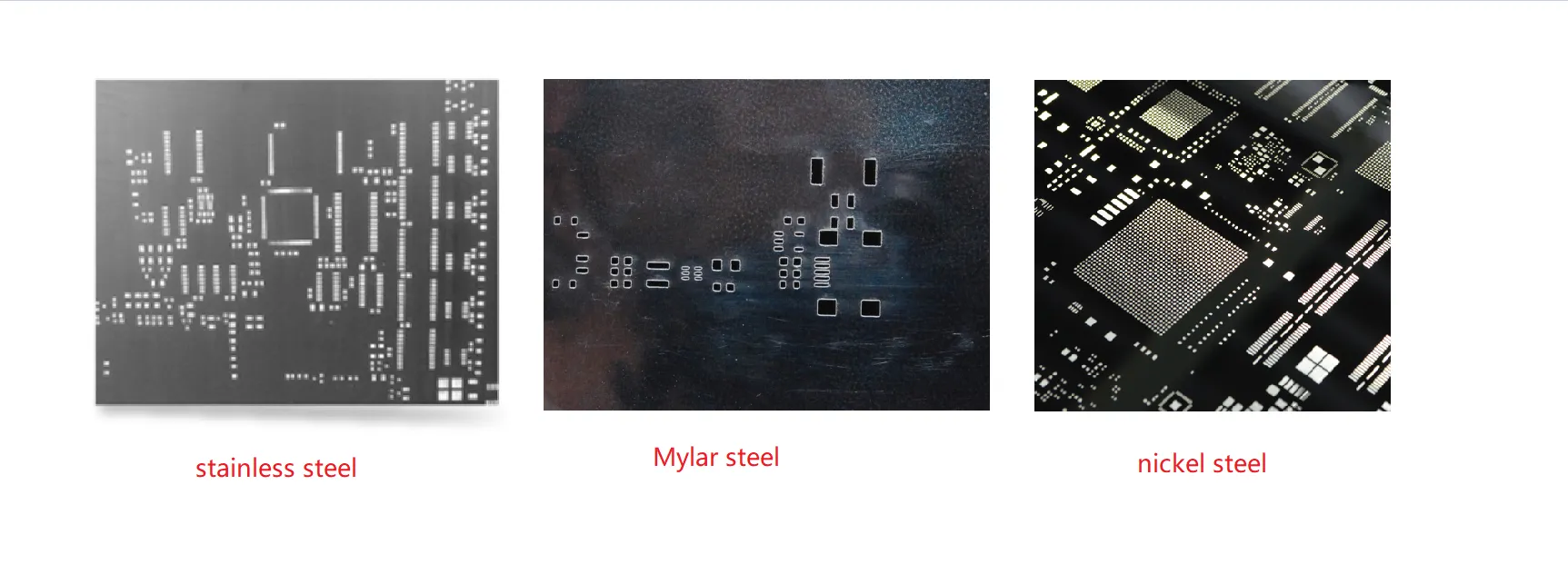 Comparison of laser cut PCB stencil materials including stainless steel, Mylar, and nickel
