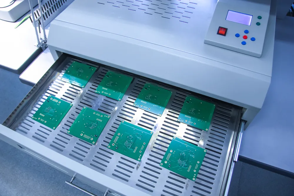 PCB with surface mount components on solder paste for reflow soldering