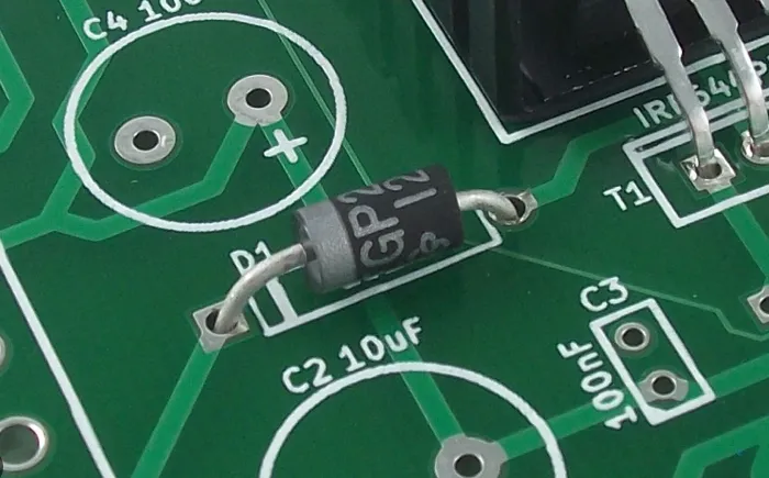 Close-up of PCB with precise silkscreen markings for components