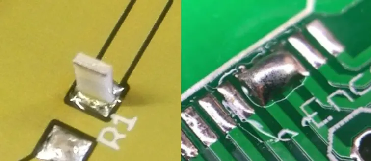 PCB with reflow soldering defects including tombstoning and solder bridging.