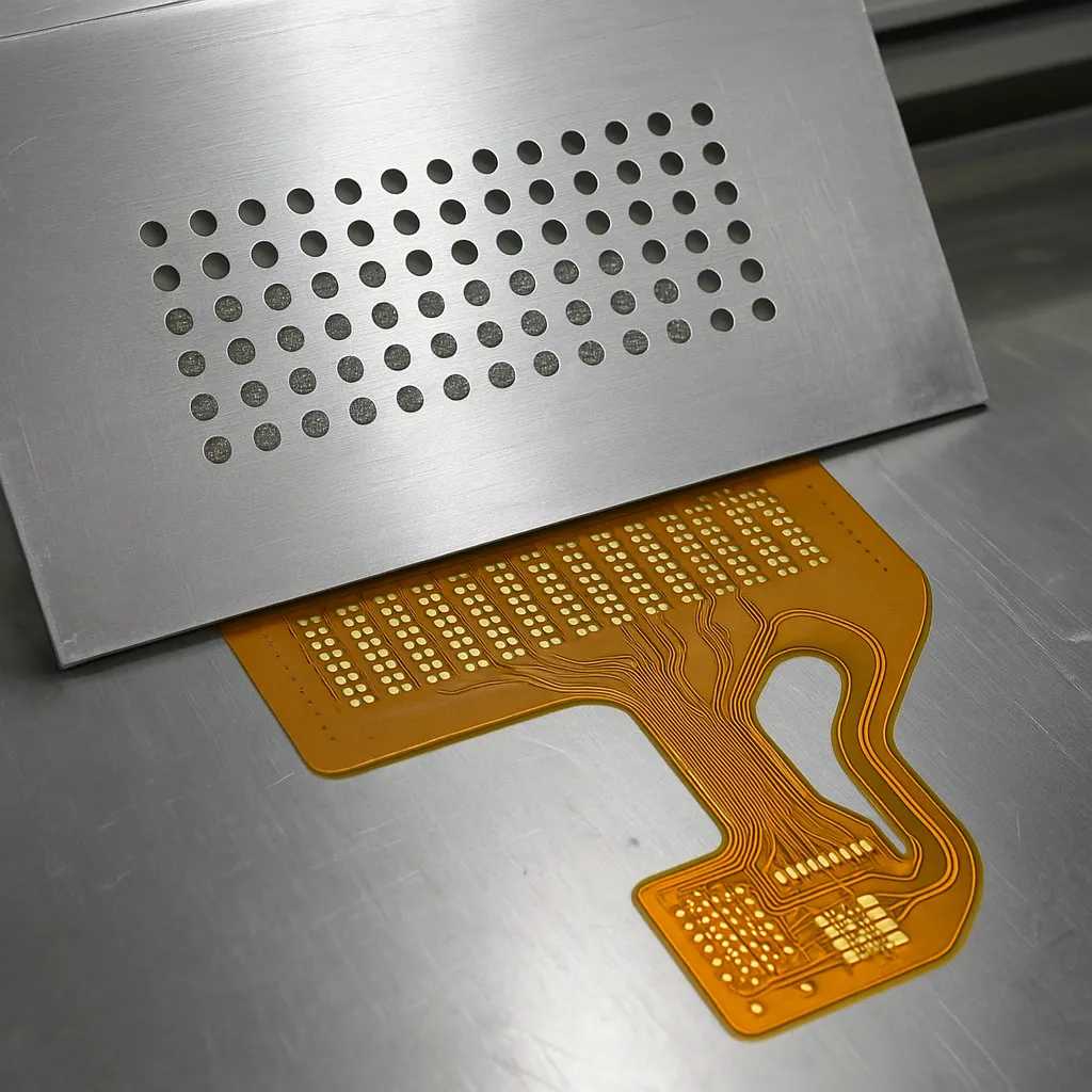 Stencil for flex PCBs aligned with flexible circuitry during solder paste application.