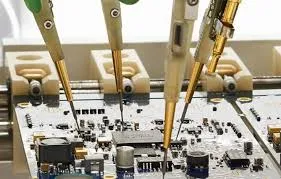 Close-up of flying probes testing PCB connections.