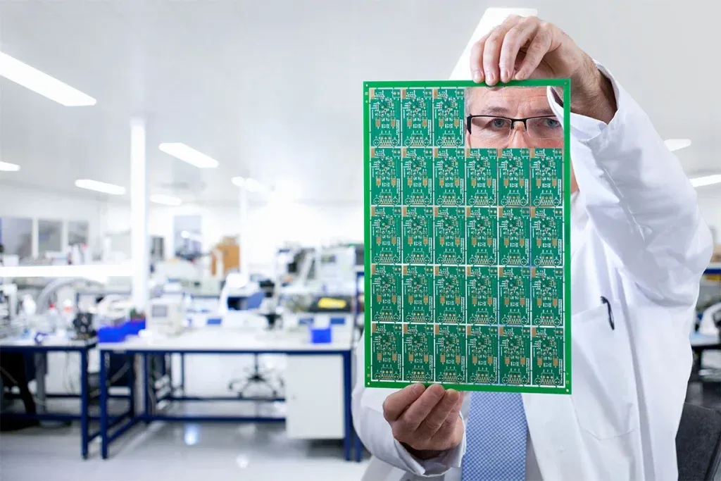 PCB panel before depaneling process showing multiple boards connected