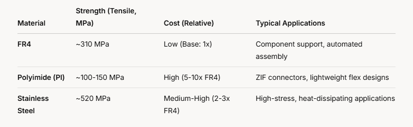 comparing FR4, polyimide, and metal stiffeners
