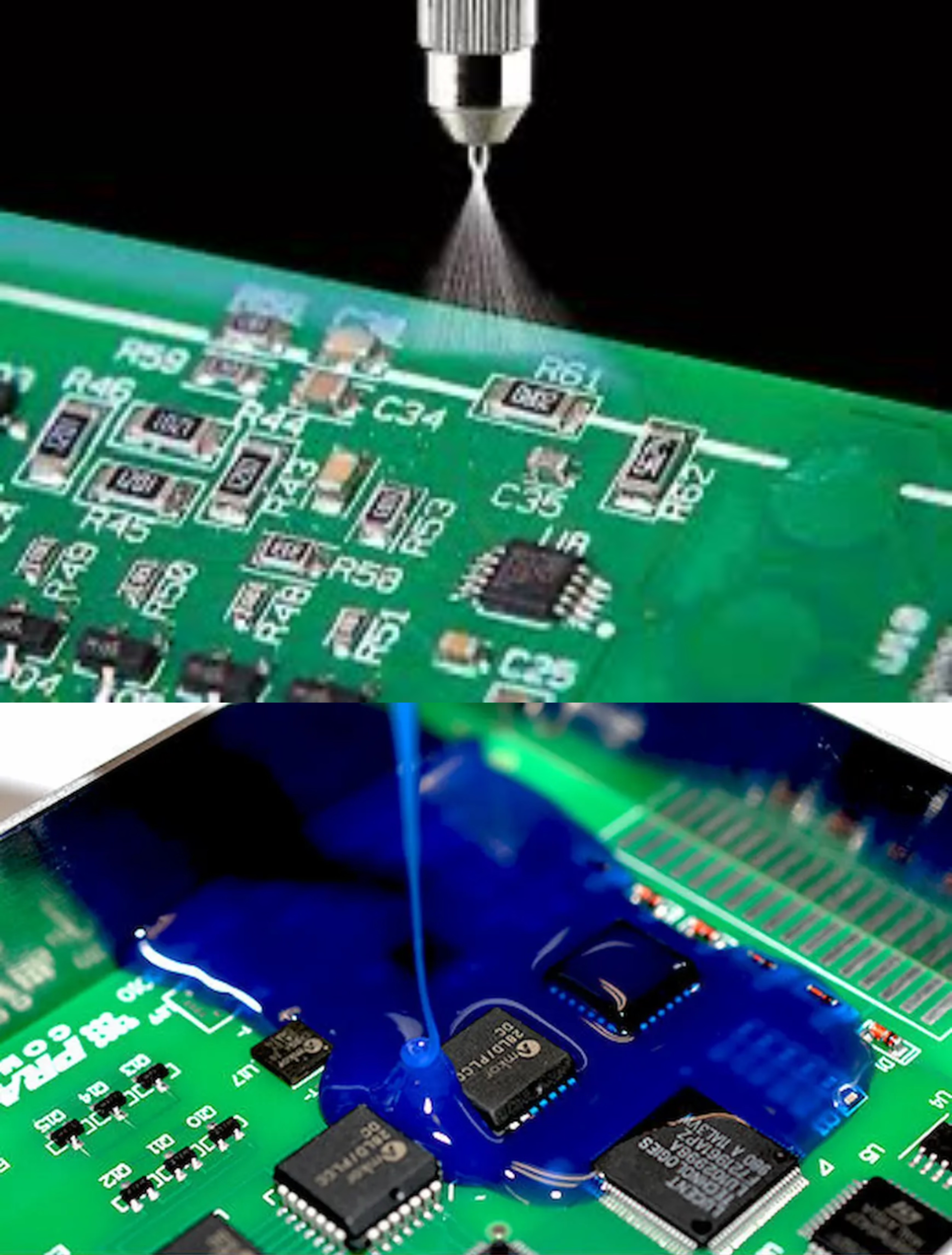 Comparison of conformal coating types on PCB surfaces.