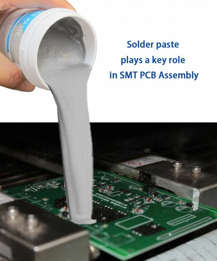 Solder paste applied to PCB pads for SMT assembly