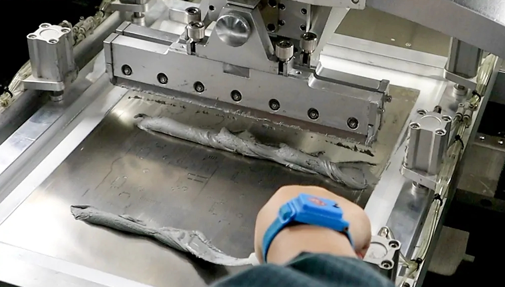 Solder paste application on PCB before reflow soldering.