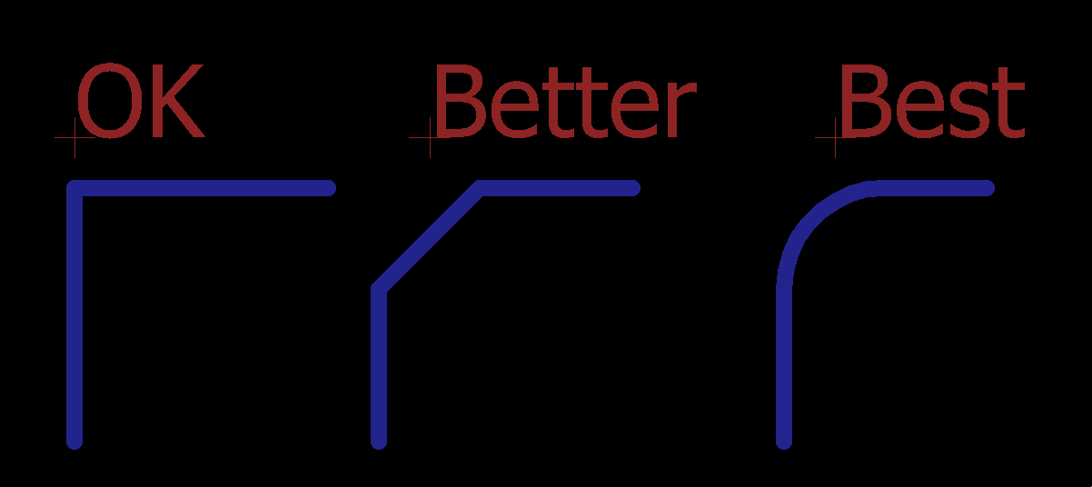Comparison of PCB trace routing with 90-degree vs. 45-degree bends for EMI reduction