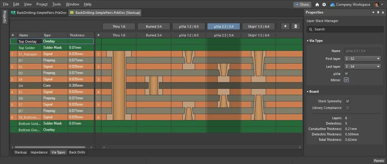Layer stack manager vias