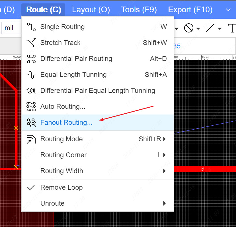 PCB design tool screenshot showing via-in-pad under BGA with fan-out routing.