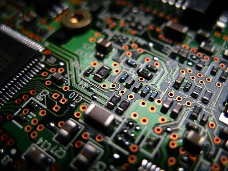 Close-up view of a consumer electronics PCB with key components