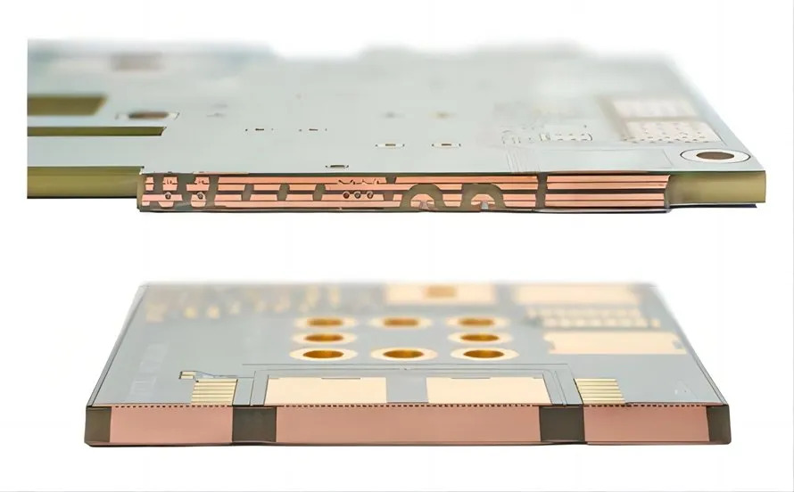Cross-section of a heavy copper PCB showing thick copper layers for high-power applications