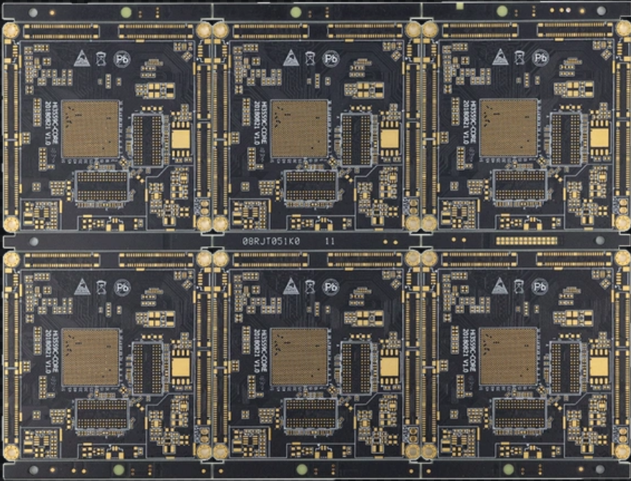 "Cross-section of an HDI PCB showing microvias and fine traces for high-density design."
