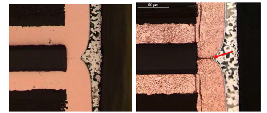 PCB cross-section image highlighting internal defect such as void in via.