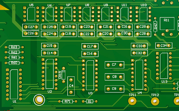 PCB silkscreen with polarity markers for manual assembly."