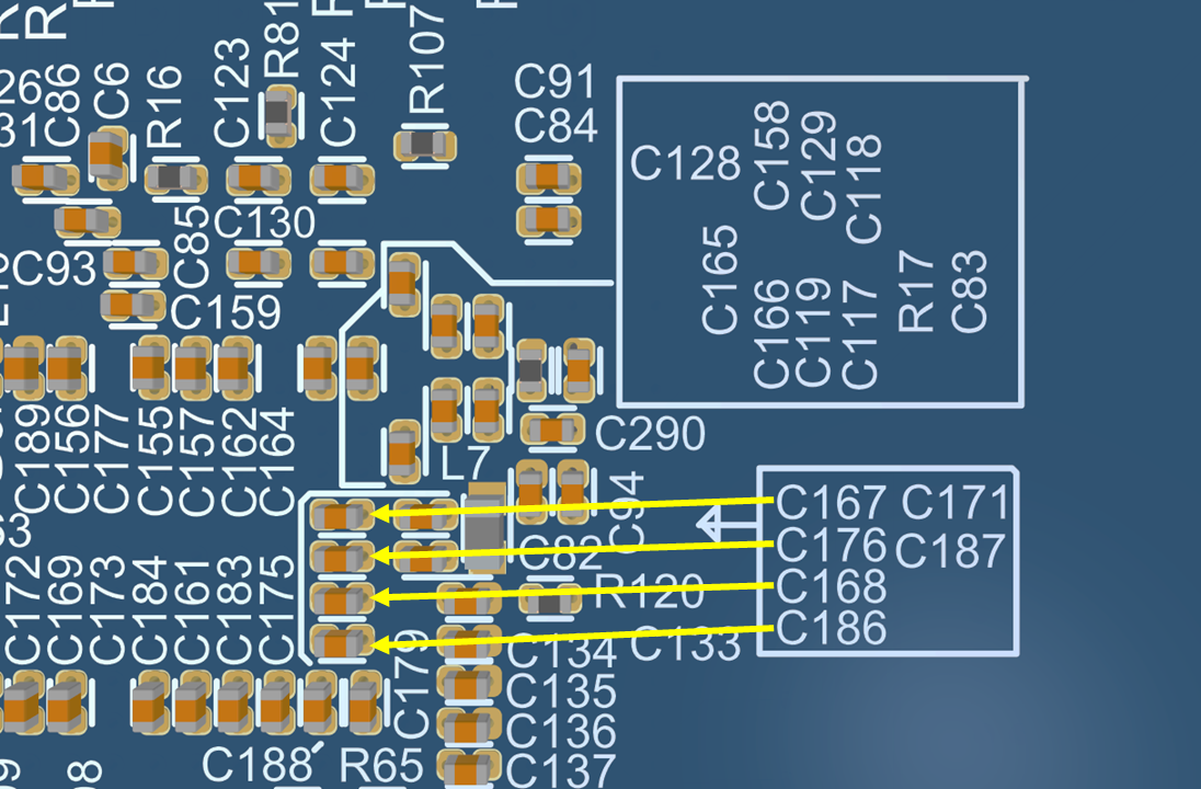 Close-up of direct legend printing on high-density PCB