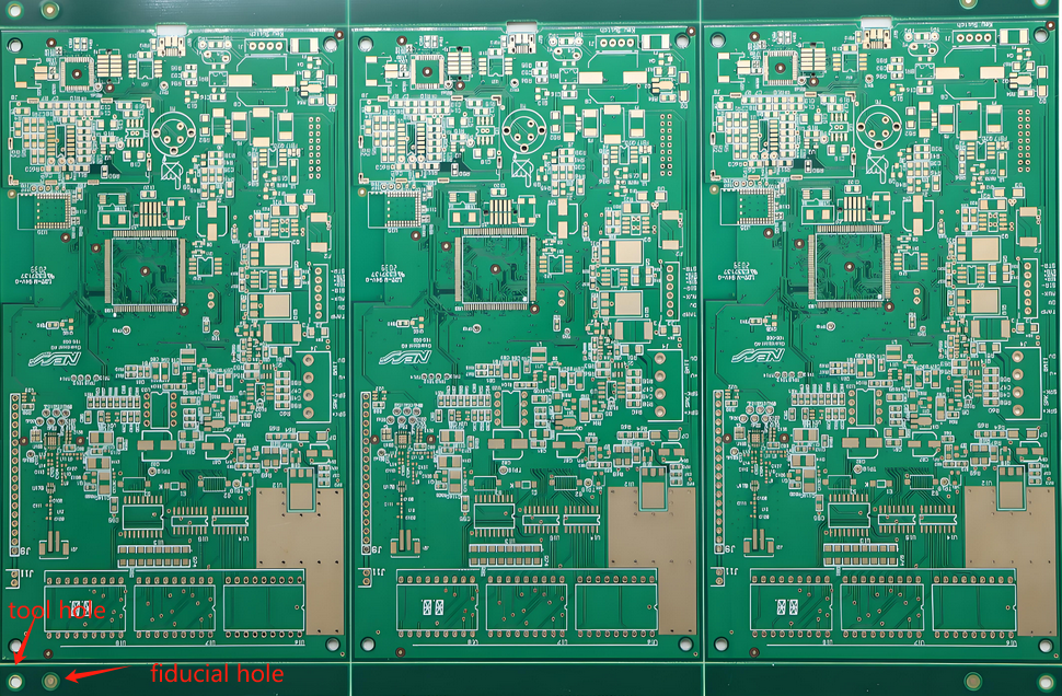 PCB panel design rules showing tooling holes and fiducial marks for manufacturing.