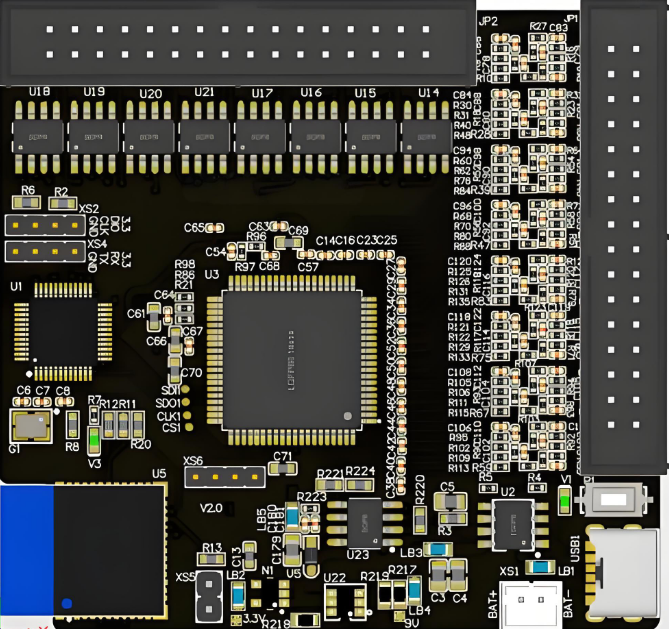 "High-density PCB design with fine-pitch components."