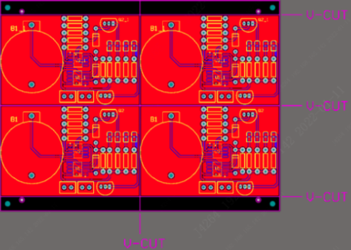 PCB design with V-scoring lines and component clearance zones