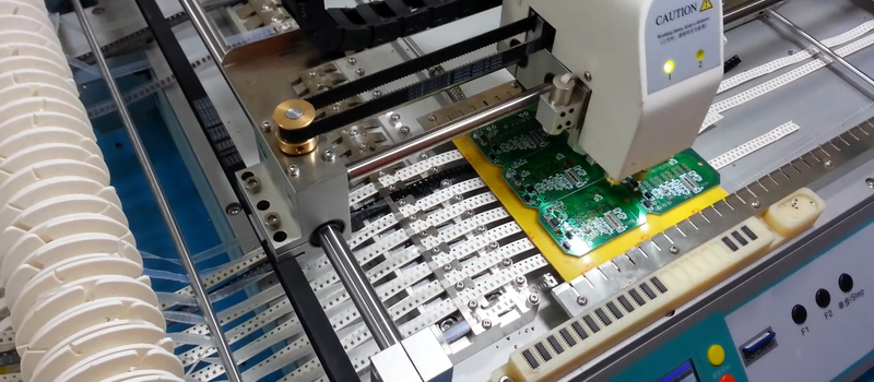 Pick-and-place machine assembling components on a panelized PCB for efficiency.