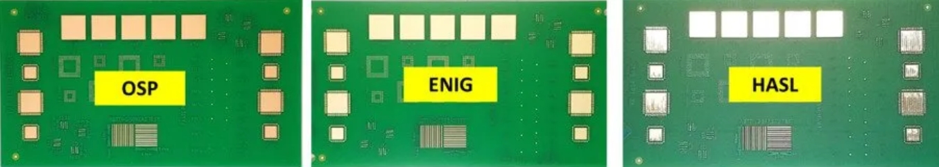 Comparison of OSP, HASL, and ENIG surface finishes on PCBs.