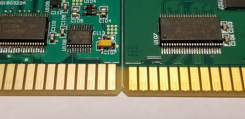 Hard gold plating on PCB edge connectors for durability.