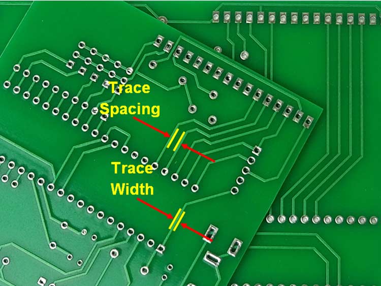 Close-up of PCB traces illustrating minimum trace spacing for design safety