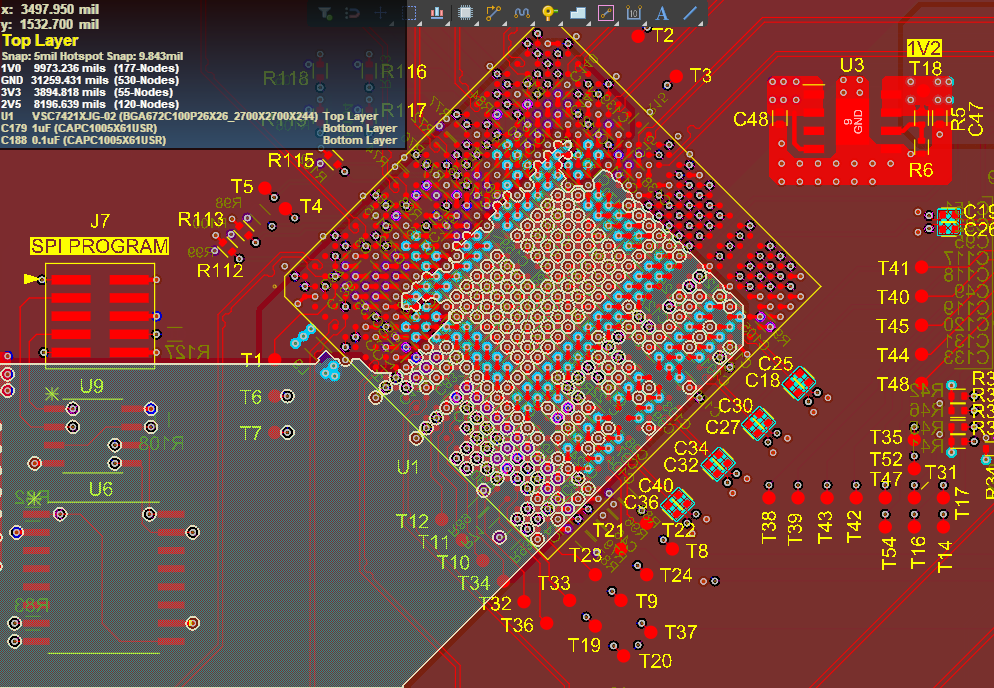 High-speed PCB layout showing trace spacing for optimal signal integrity