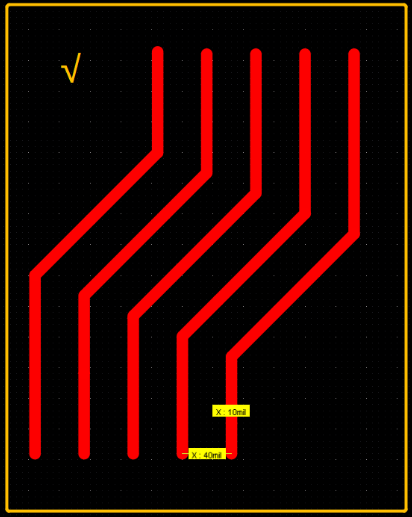 PCB layout with trace spacing measurements for design accuracy.