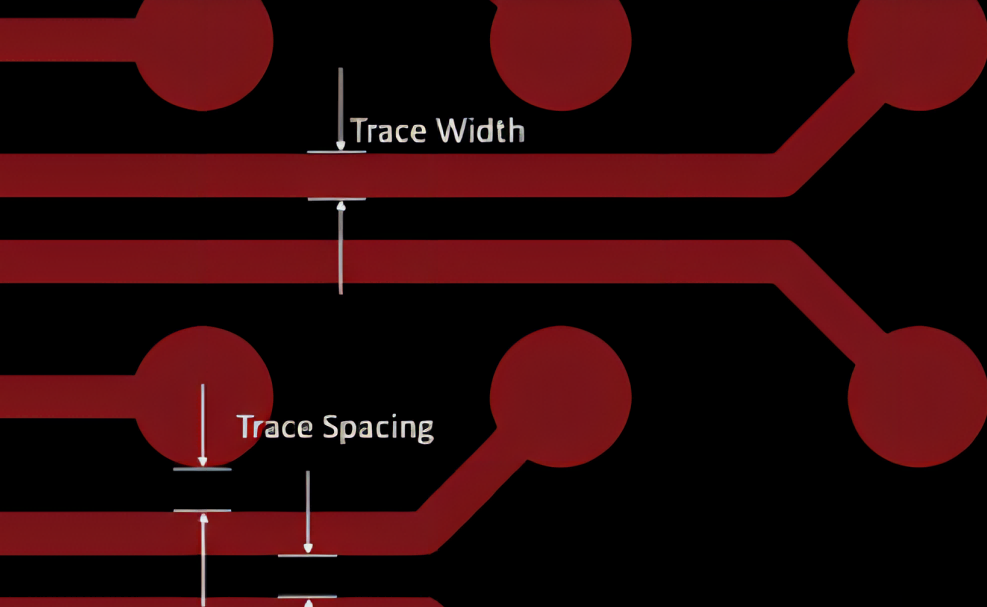 PCB layout showing trace-to-pad clearance distance