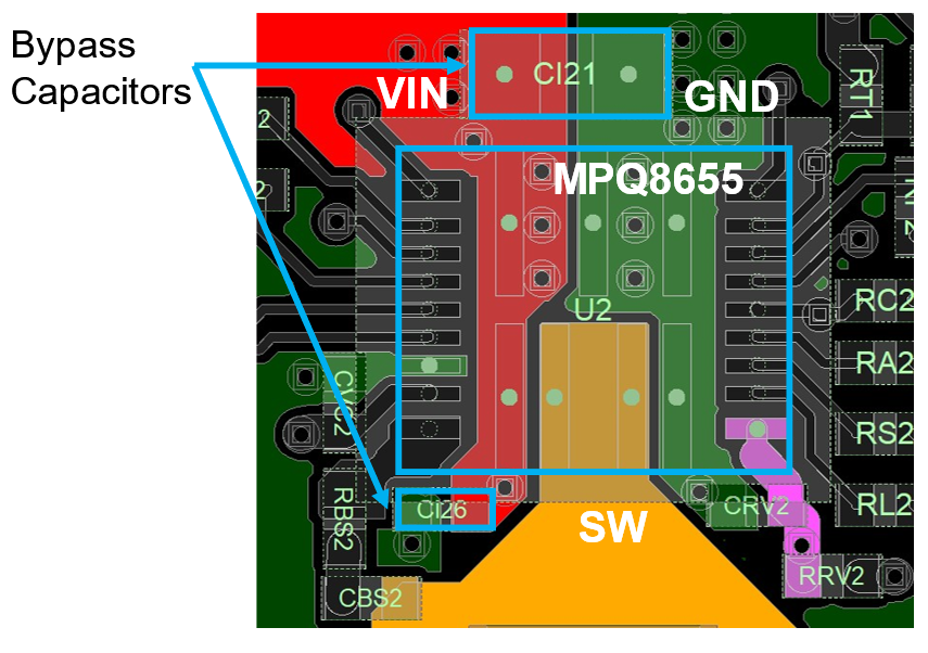 PCB layout showing decoupling capacitor placement for high-speed design