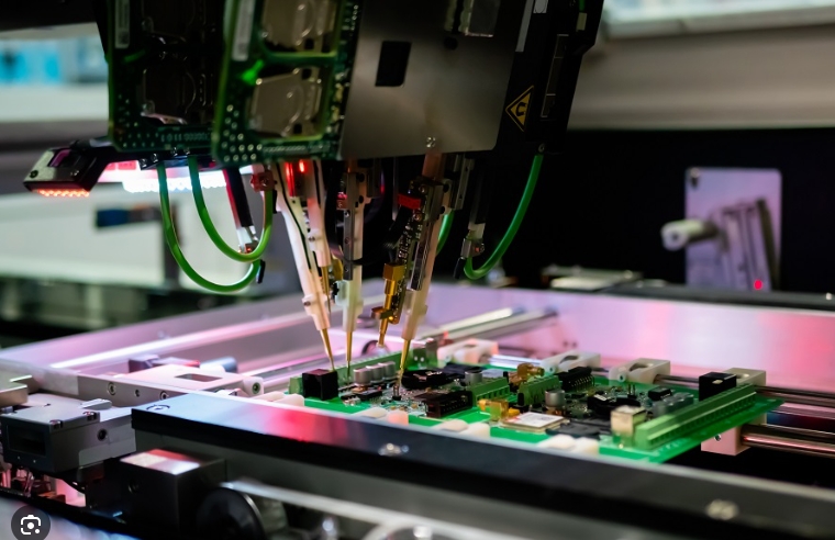 Flying probe tester evaluating a PCB with precision needle probes