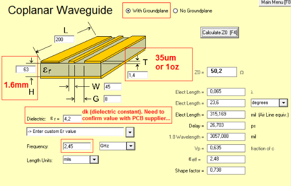 "Diagram of microstrip trace dimensions for 50 ohm impedance calculation."