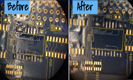 Before and after comparison of a dirty and cleaned PCB showing flux residue removal
