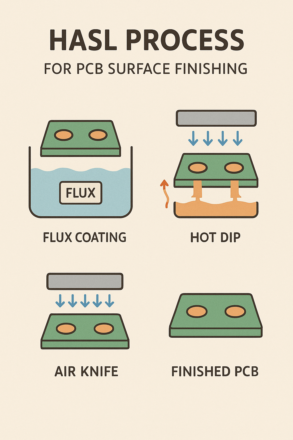 Diagram of the HASL process for PCB surface finishing.