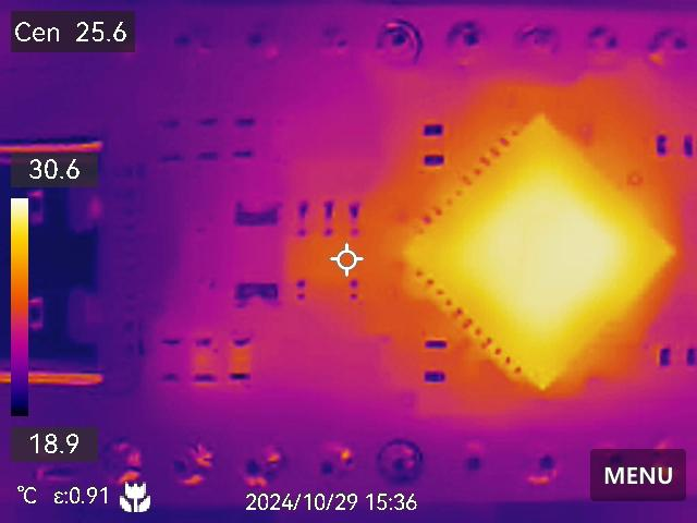 Thermal image of PCB highlighting overheating active component.