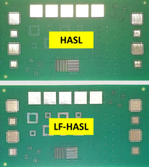 Comparison of leaded and lead-free HASL finishes on PCB surfaces.