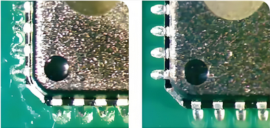 Close-up of contaminated PCB with flux residue before cleaning.