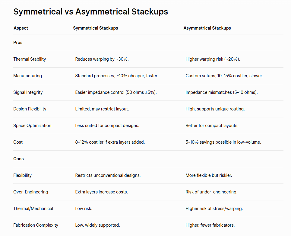 comparing pros and cons of symmetrical vs asymmetrical PCB stackups