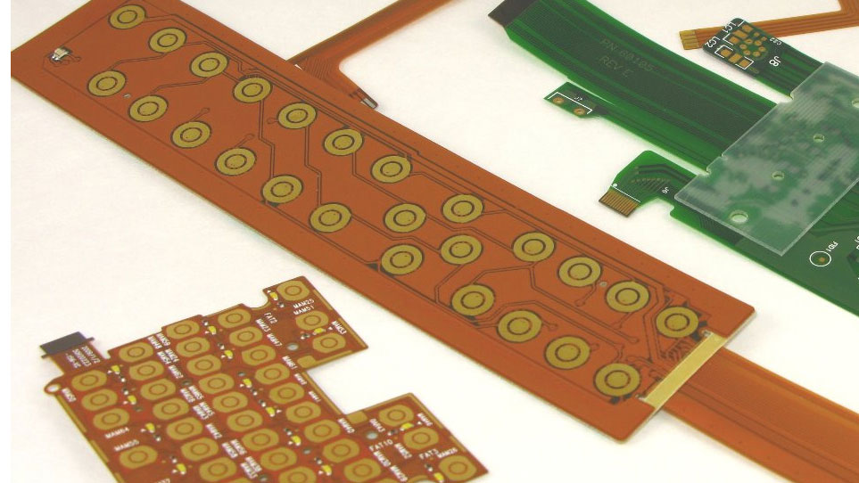 High-density flex PCB design with microvias and trace routing.