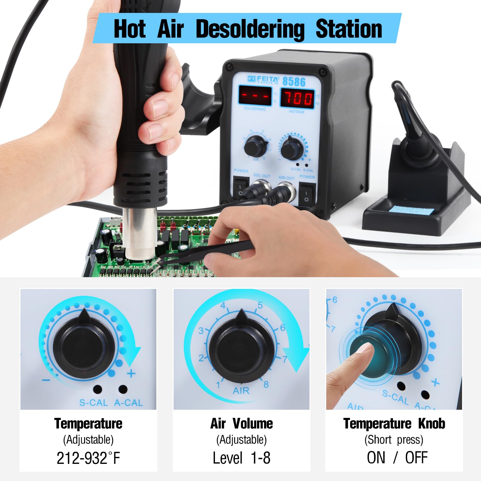 Essential tools for SMD soldering including solder paste syringe and hot air reflow tool."