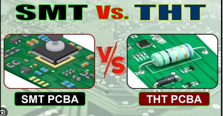 Comparison of THT and SMT PCB assembly methods showing component mounting differences